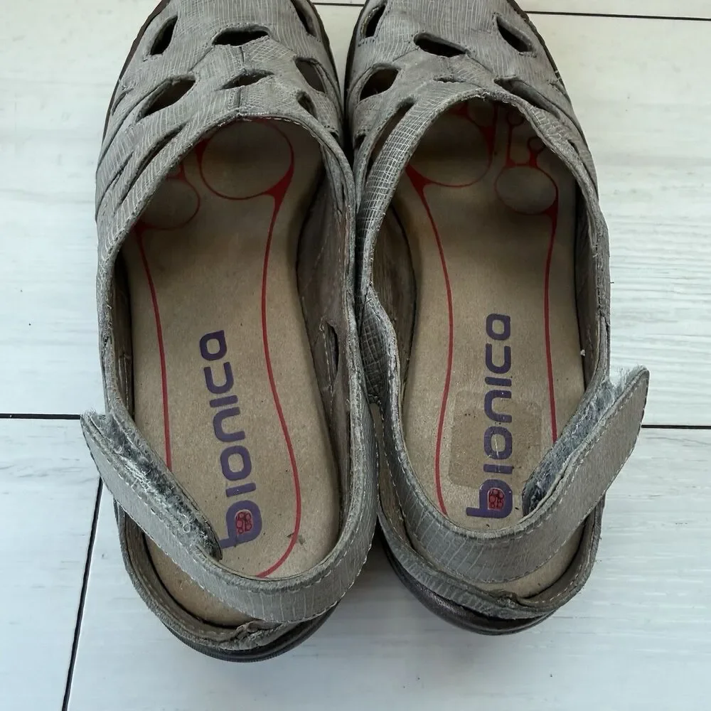 Bionica Maclean 2 Slingback Fisherman Womens Size 8.5 Gray Leather Wedge Sandals